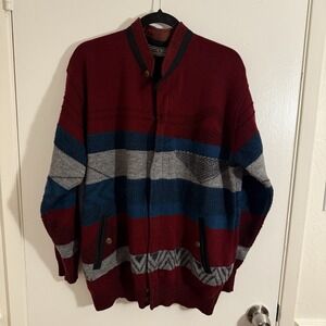 King Cross Men's VTG Zip Up Cardigan Sweater Burgundy Blue Gray XL
